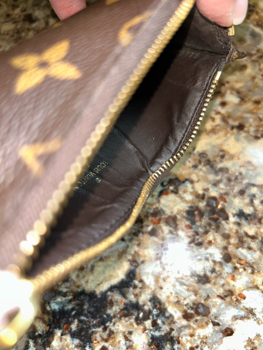 Louis Vuitton Monogram Canvas Zip Pouch in Brown and Gold with pink zipper pull - Picture 9 of 9